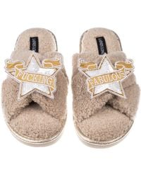 Laines London - Neutrals Laines Neutral Boucle Slippers With Fucking Fabulous Star Brooches - Lyst