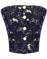 Solgo Atelier - Laura Embellished Denim Strapless Bustier With Stylized Cuts And Center Back Smocking Detail - Lyst