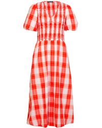 Rose & Nancy - Nella Coral Check Smock Midi Dress With Embroidery - Lyst