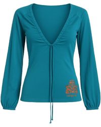Conquista - Deep V-Neck Top With Front Tie & Embroidered Detail - Lyst