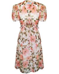 Haris Cotton - Printed Voile Cotton Midi Dress With Ruffles Under Bust And Puff Short Sleeves - Lyst