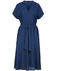 Conquista - Linen Style Belted Midi Dress - Lyst