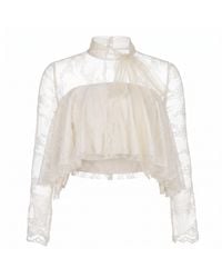 Modenaire - Lace Overlay Crop Top With Sheer Long Sleeves And Bow Tie Detail - Lyst