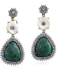 Artisan - 18k Gold 925 Silver Diamond Emerald Pearl Tanzanite Diamond Dangle Earrings - Lyst