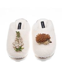 Laines London - Neutrals Teddy Closed Toe Slippers With Hedgehog & Foxglove Brooches - Lyst