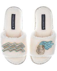 Laines London - Teddy Towelling Slipper Sliders With Aquarius Zodiac Brooches - Lyst