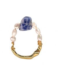 Lucy Andy - Handmade Adjustable 18K-Plated Stainless Steel Ring With Sodalite & Freshwater Pearls - Lyst