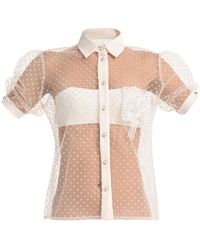 Lalipop Design - Neutrals Sheer Polka Dot Shirt With Floral Appliqué - Lyst