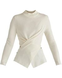 Paisie - Wrap Front Knit Top With Mock Neck And Button Detail - Lyst