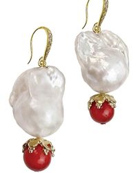 Farra - Classic Baroque Pearl With Red Coral Dangle Earrings - Lyst