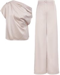 BLUZAT - Neutrals Set With Asymmetrical Draped Top And Wide Leg Trousers - Lyst
