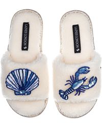 Laines London - Teddy Toweling Slipper Slider With Mediterranean Shell & Lobster Brooches - Lyst