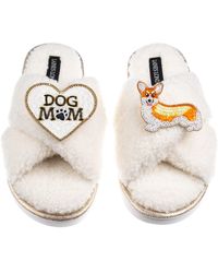 Laines London - Neutrals Boucle Slippers With Dog Mum/Mom & Peach The Corgi Brooches - Lyst