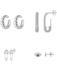 Spero London - Sterling Safety Pin Stud Croissant Ear Cuff & Emerald Evil Eye Earring Set - Lyst