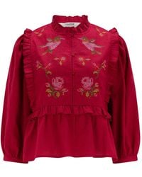 Sugarhill - Wilhelmina Frill Blouse Scarlet Rose Embroidery - Lyst