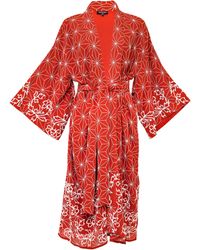 Artemis Muse - Asanoha & Peony Embroidered Terracotta Fully Lined Long Kimono - Lyst
