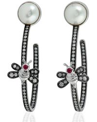 Artisan - Pearl, Ruby & Diamond Bee Drop Earrings - Lyst