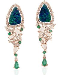 Artisan - 18k Rose Gold Baguette Diamond Opal Doublet Dangle Earrings Natural Emerald Jewelry - Lyst