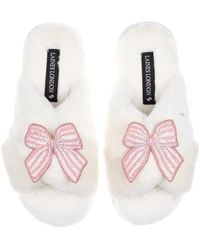 Laines London - Neutrals Classic Laines Slippers With Stripe Bow Brooches - Lyst