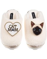 Laines London - Neutrals Teddy Closed Toe Slippers With Cat Mum Mom & Siamese Cat Brooches - Lyst