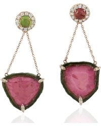 Artisan - Watermelon Tourmaline Slice & Diamond Drop Earrings - Lyst