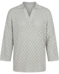 Modenaire - Neutrals Textured Knit Polo With Open Collar And Quarter-Length Sleeves - Lyst