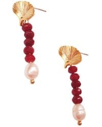 Way to Chic - Burgundy Jade Earrings With Plated Leaf Studs And Pearls - Lyst