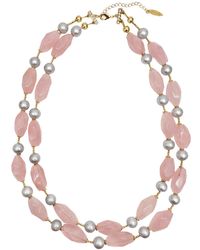 Farra - Pink Rose Quartz And Gray Freshwater Pearls Double Layers Necklace - Lyst