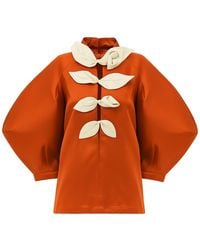 Julia Allert - Taffeta Deep V-Neck Blouse With Satin Floral Detail – Terracotta - Lyst