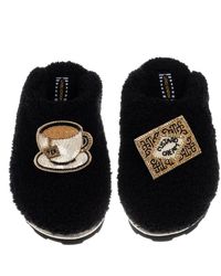 Laines London - Teddy Towelling Closed Toe Slippers With Tea & Biscuit Brooches - Lyst