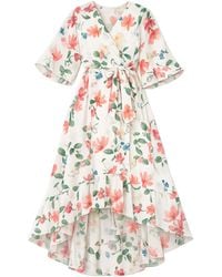 Yumi' - Neutrals Ivory Floral Print Wrap Midi Dress With Dipped Hem - Lyst