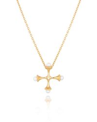 Lulu B London - Small Pearl Cross Necklace With Cubic Zirconia - Lyst