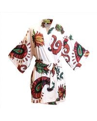 Janara Jones - Neutrals Paisley Print Satin Long Sleeve Short Robe - Lyst