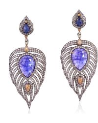 Artisan - 925 Sterling Silver 18k Gold Leaf Design Dangle Earrings Diamond Tanzanite Sapphire Gemstone Jewelry - Lyst