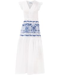 Haris Cotton - V Neck Maxi Linen Dress With Ruffle Hem And Embroidered Cotton Panel - Lyst