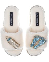 Laines London - Teddy Towelling Slipper Sliders With New Baby Boy Brooches - Lyst