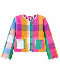 Yumi' - Multicolour Checked Cropped Reversible Cotton Quilted Jacket - Lyst