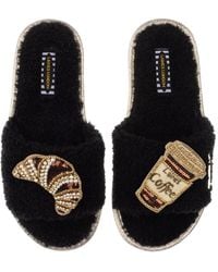 Laines London - Teddy Towelling Slipper Sliders With Coffee & Croissant Brooches - Lyst