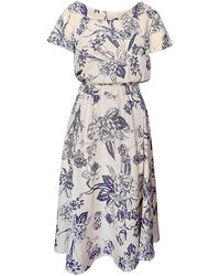 Haris Cotton - Midi Linen Blend Print Dress With Elastic Waist And Boat Neck - Lyst