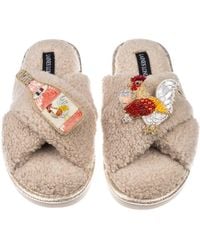 Laines London - Neutrals Laines Neutral Boucle Slippers With Chicken Wine Brooches - Lyst