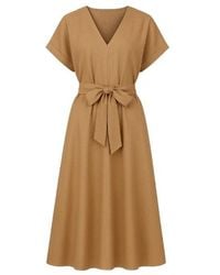 Conquista - Linen Style Belted Midi Dress - Lyst