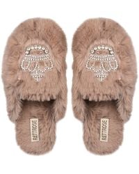 Rettrose - Neutrals Finley Mink Luxury Plush Diamanté Embellished Handmade Slipper - Lyst