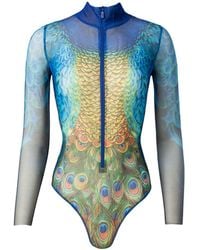 Rodasoleil Smart Swimwear - Tan-Through Mesh One-Piece Zipper Swimsuit With Sleeves Peacock Mayura - Lyst