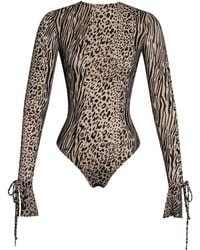 Miss Circle New York - Ibera Animal Print Burnout Velvet Long Sleeve Bodysuit - Lyst