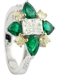 Artisan - 18k White Gold Natural Emerald Diamond Designer Flower Ring Handmade Jewelry - Lyst