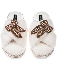 Laines London - Neutrals Neutral Boucle Slippers With & Pearl Beaded Stripe Bow Brooches - Lyst
