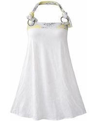 Conquista - Neutrals Halter Neck Summer Dress With Soft Drape & Printed Trim - Lyst