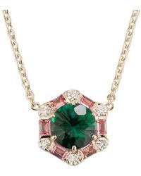 Juvetti - Melba Emerald, Sapphire & Diamond Halo Hexagon Pendant Necklace - Lyst