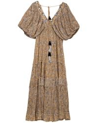 Tantra Spain Sl - Neutrals Printed Maxi Dress With Sequins, Tassels And Puffed Sleeves - Lyst