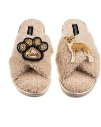 Laines London - Neutrals Boucle Slippers With Paw & Fawn & Italian Greyhound Brooches - Lyst